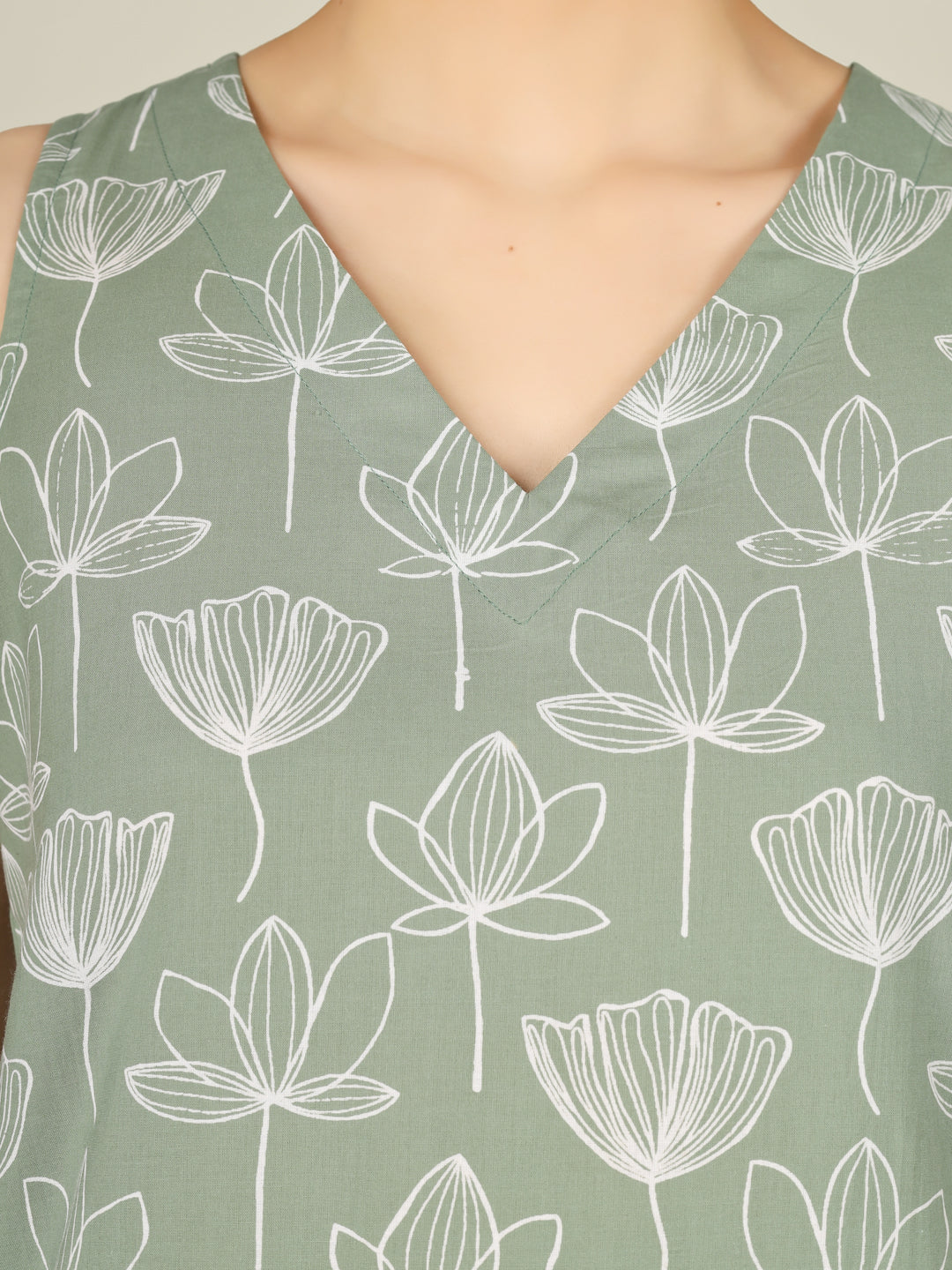 Green Printed Sleeveless V-Neck Cotton Top