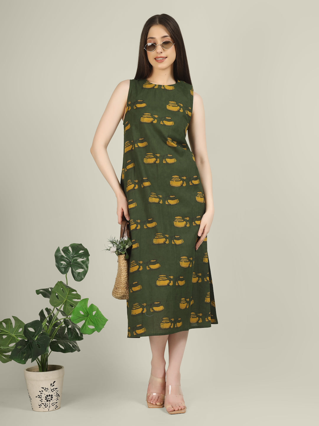 Green Printed Sleeveless A-Line Cotton Dress
