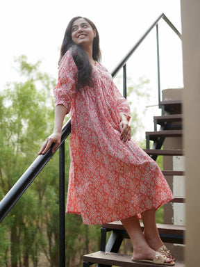 Peach Orange Printed Flared Cotton Dress