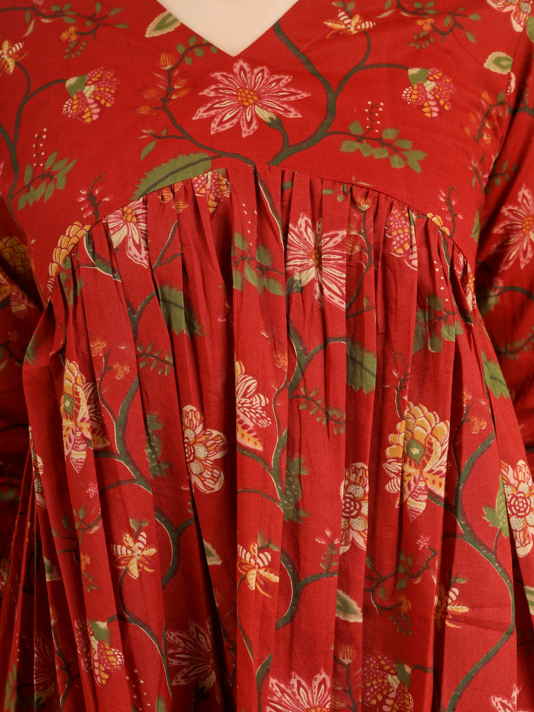 Red Printed Full-Sleeves Alia-Cut Cotton Top