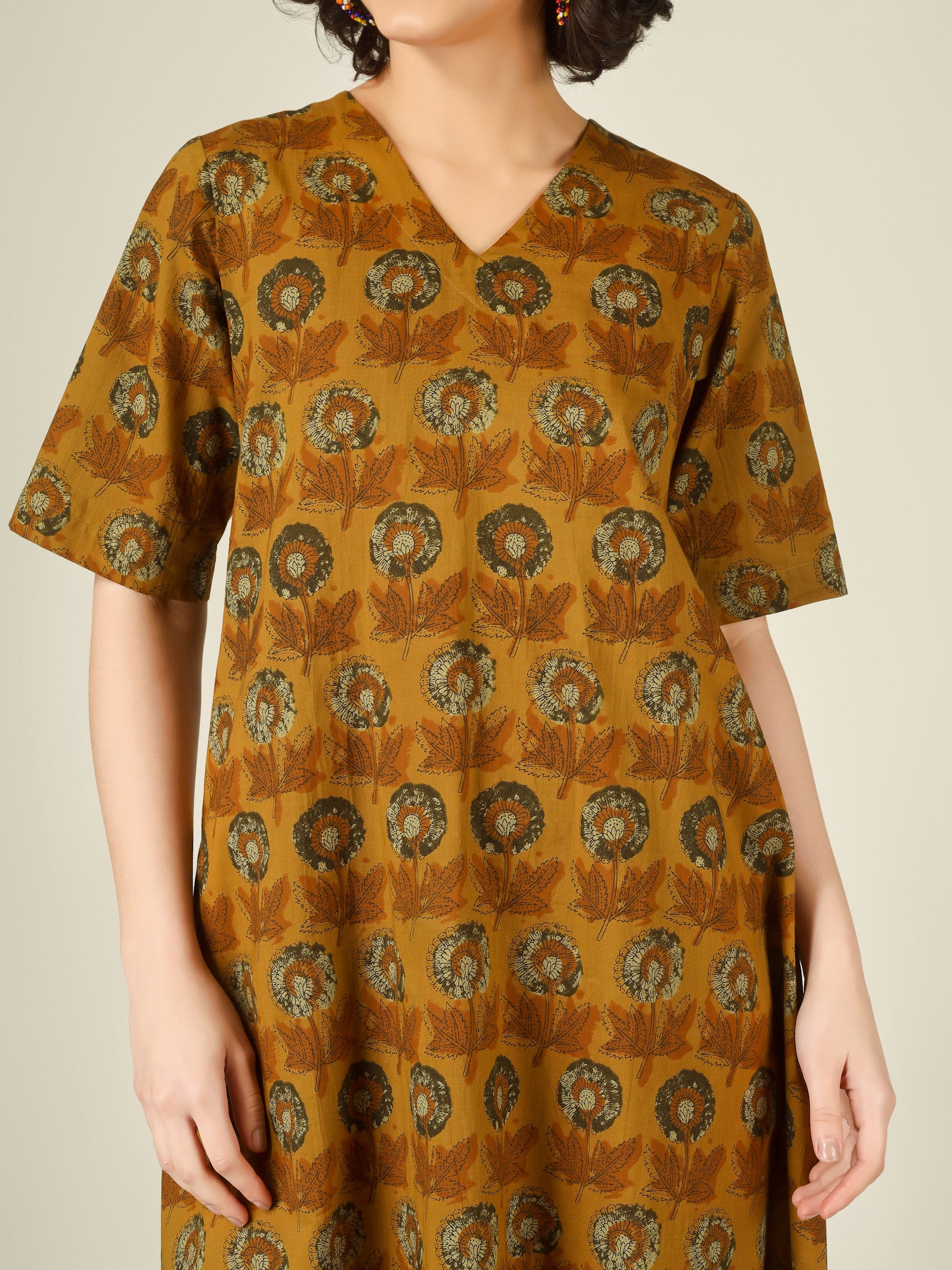 Mustard Printed Half-Sleeve A-Line Cotton Dress