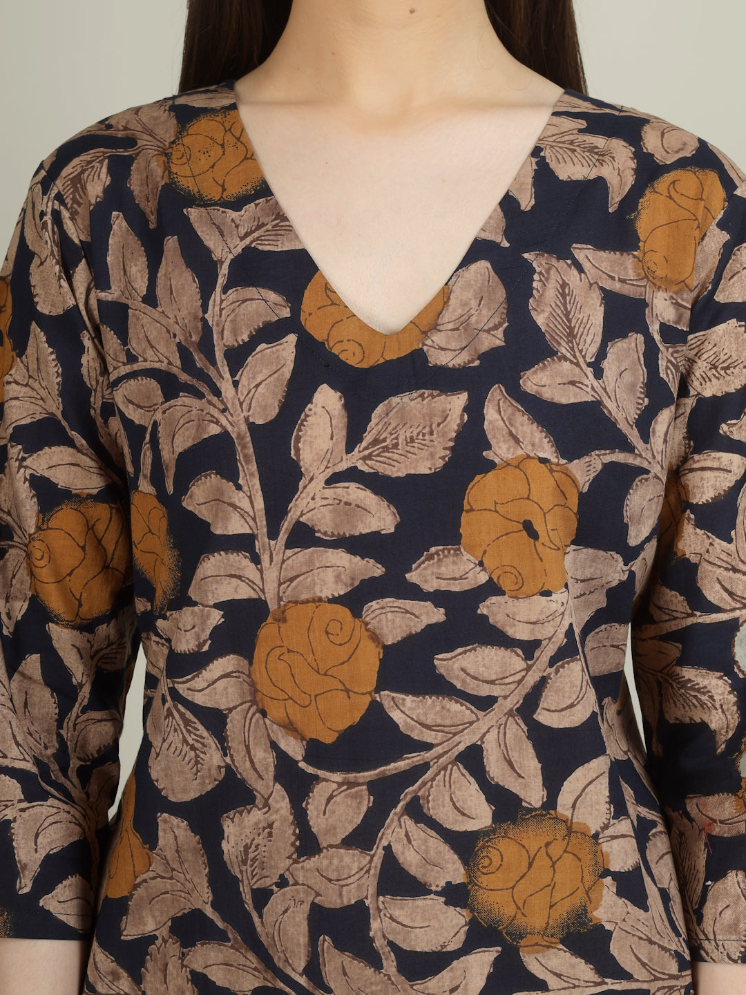 Blue Printed 3/4th Sleeve A-Line Cotton Dress