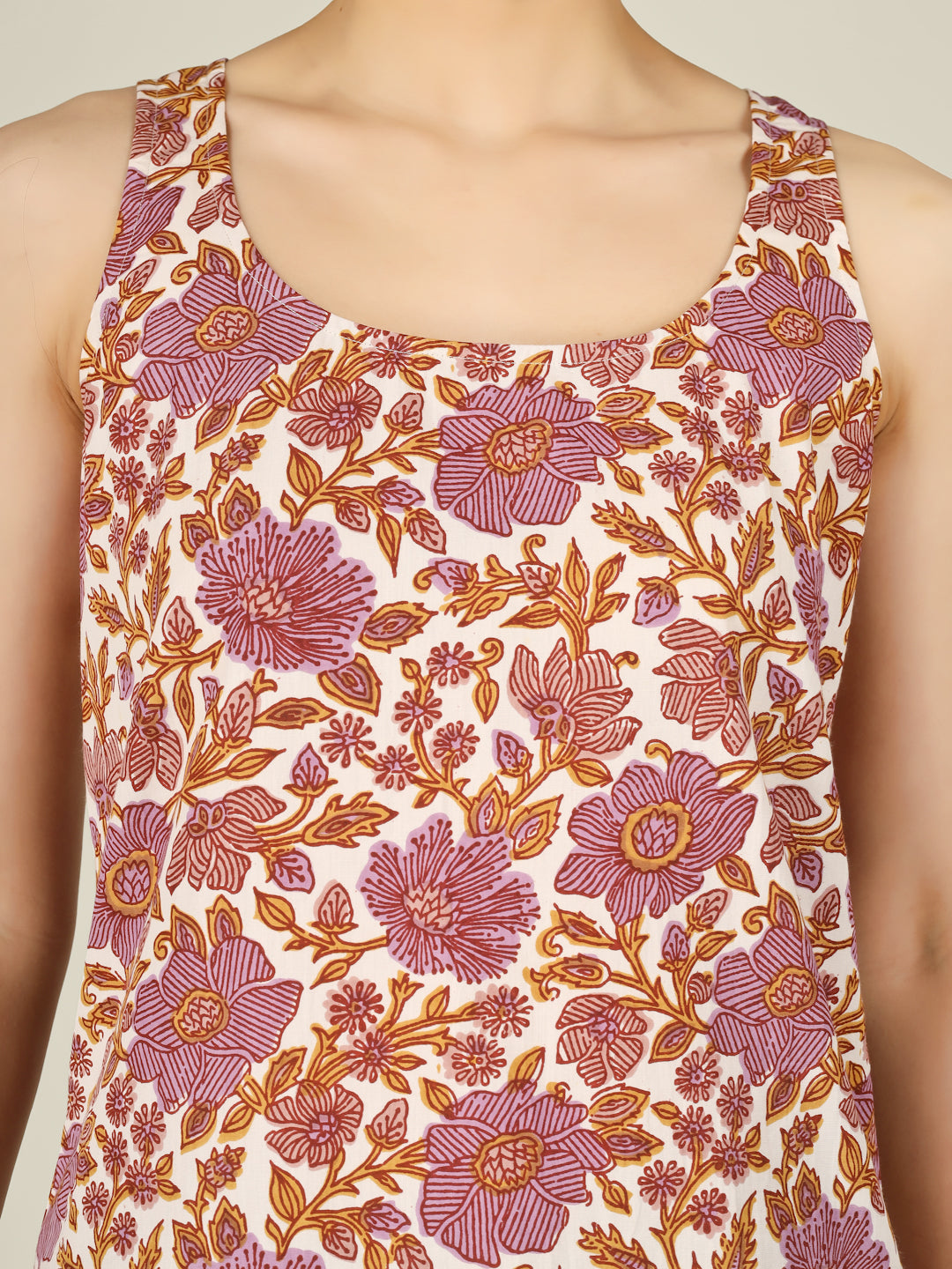 White Printed Round Neck Sleeveless Cotton Top