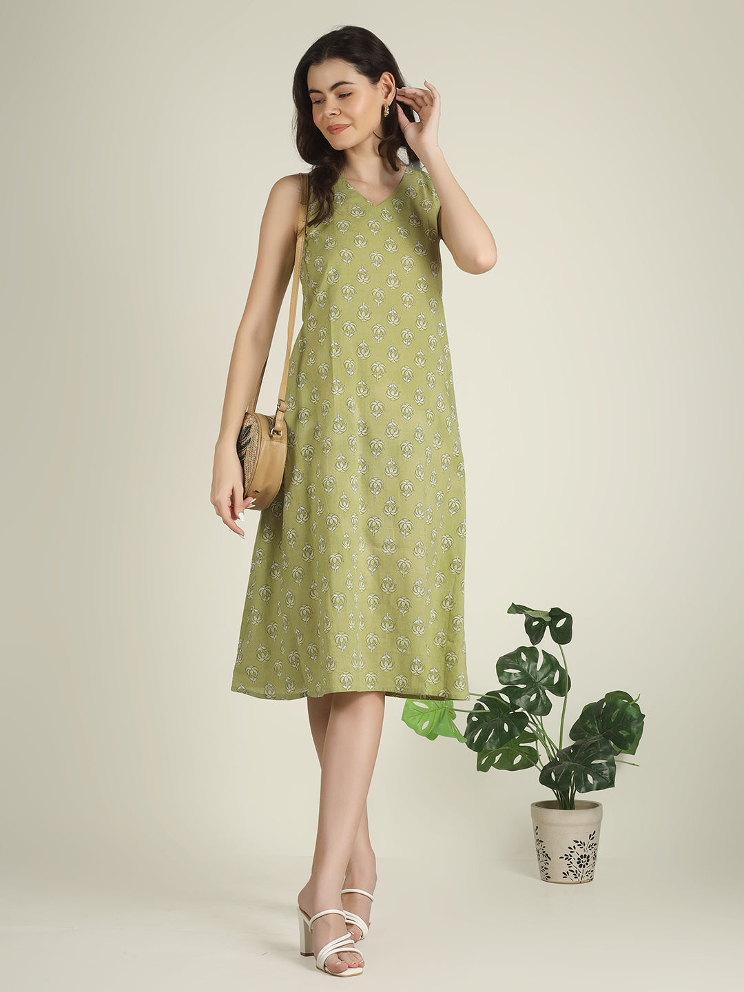 Green Printed Sleeveless V-Neck A-Line Cotton Dress