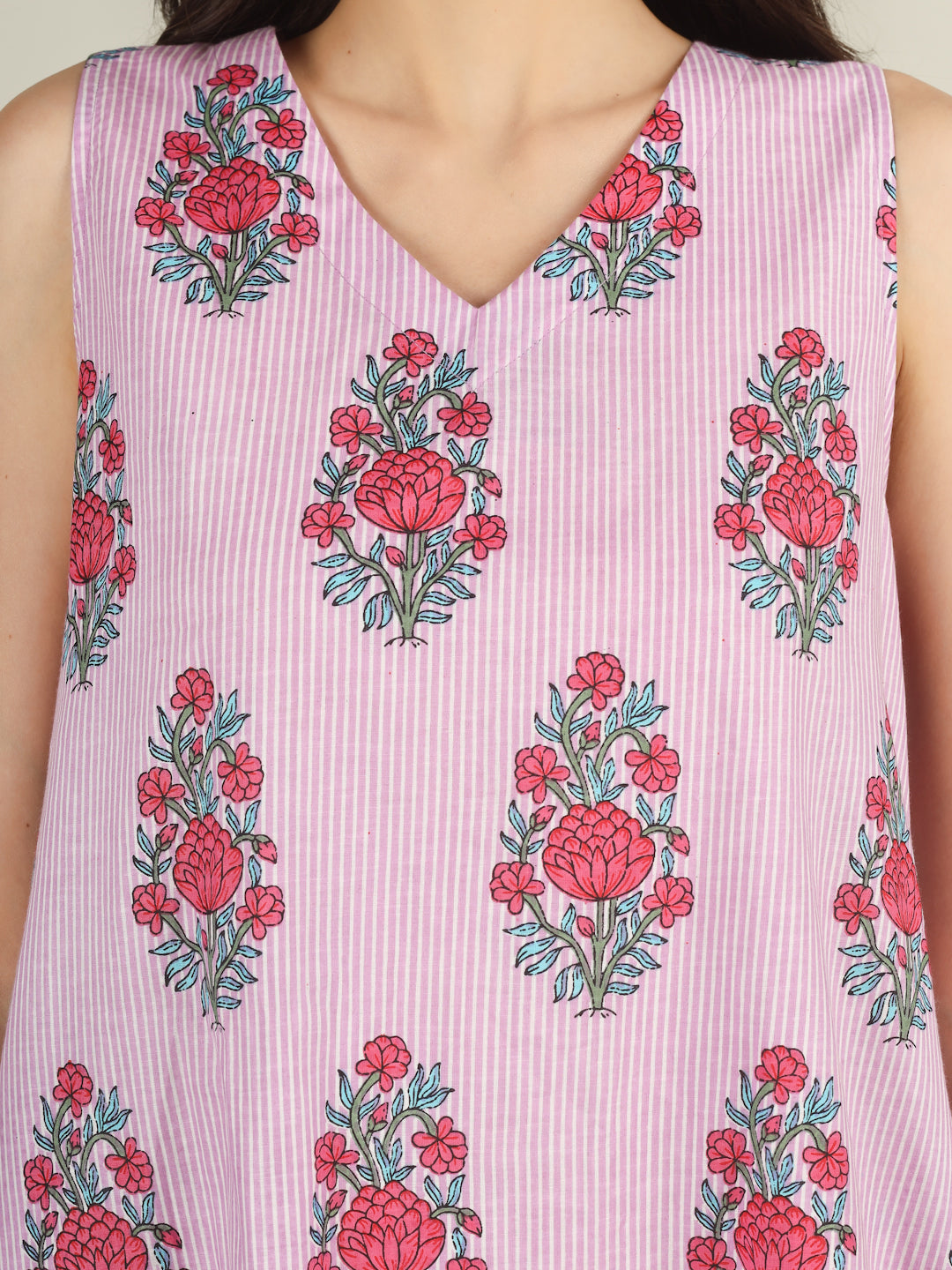 Baby Pink Striped V-Neck Sleeveless A-Line Cotton Dress
