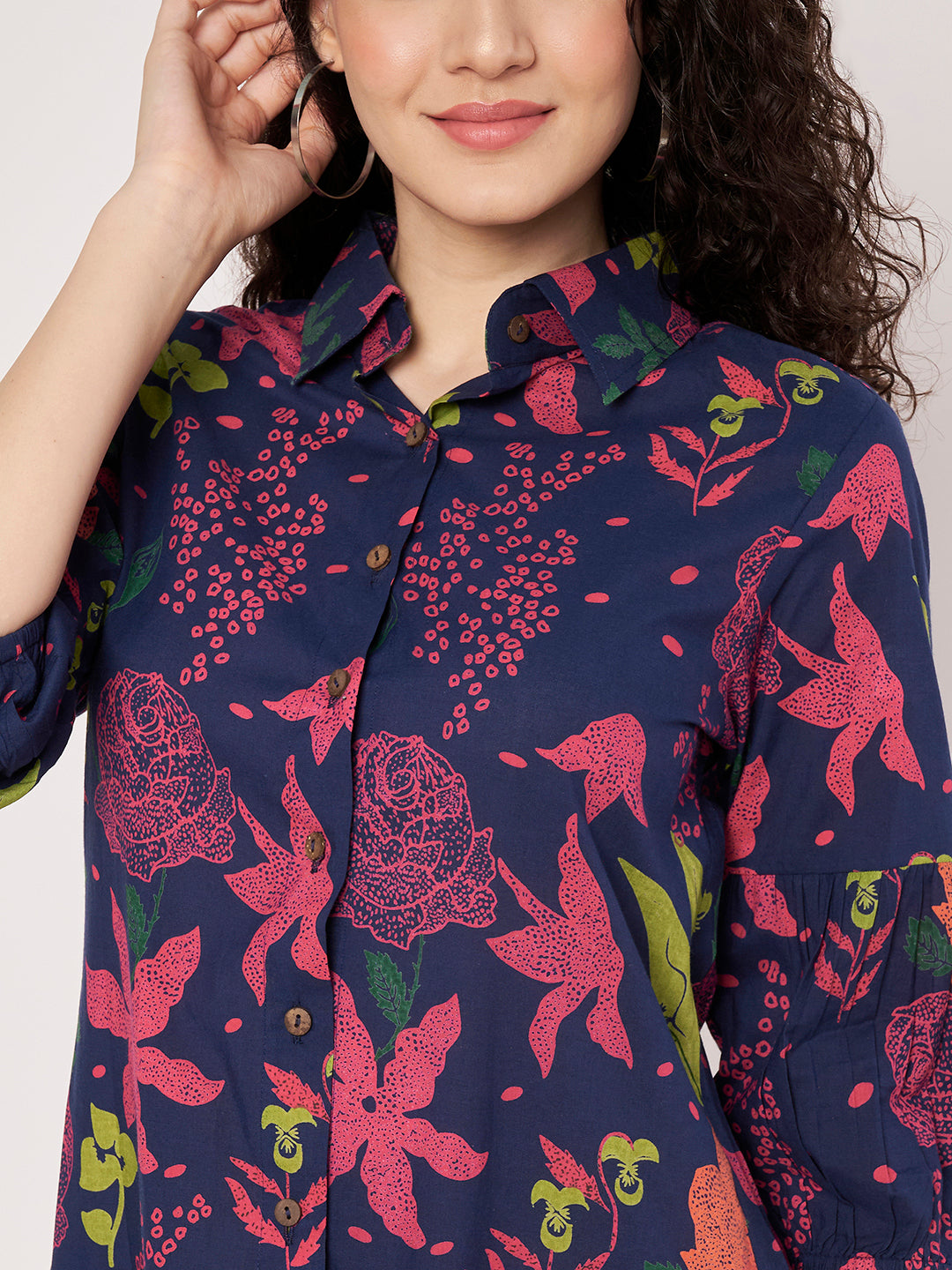 Blue Printed Short Cotton Dress