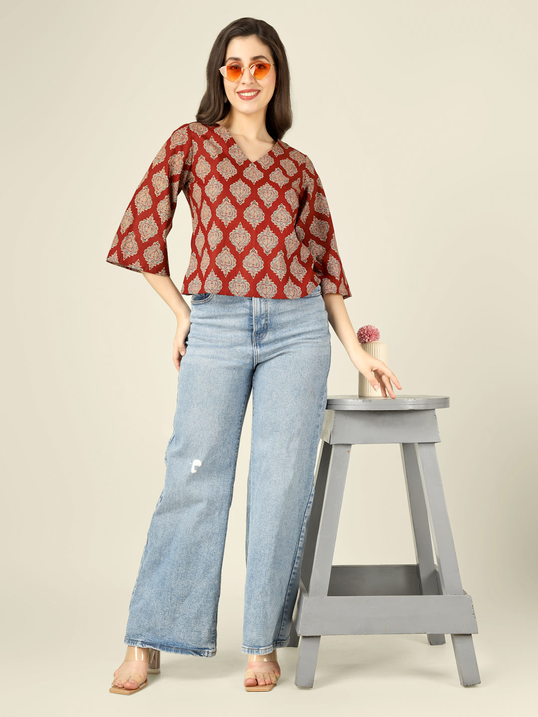 Maroon Printed Straight Bell-Sleeves Top