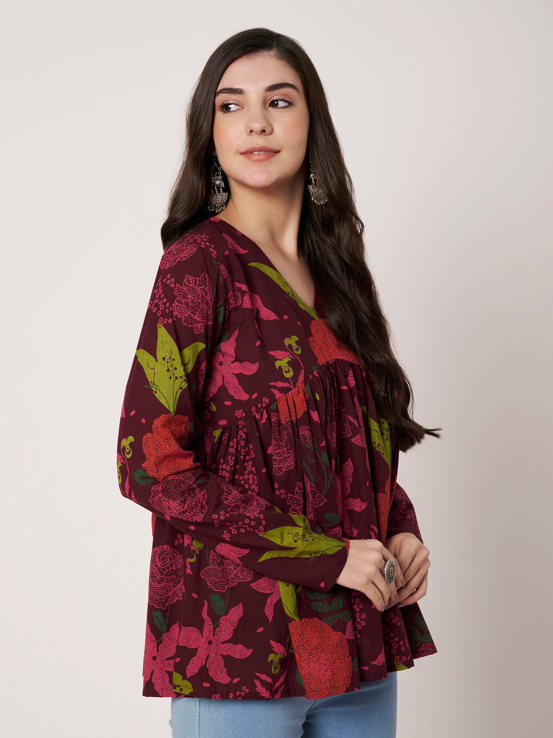 Wine Printed Alia-Cut Cotton Top