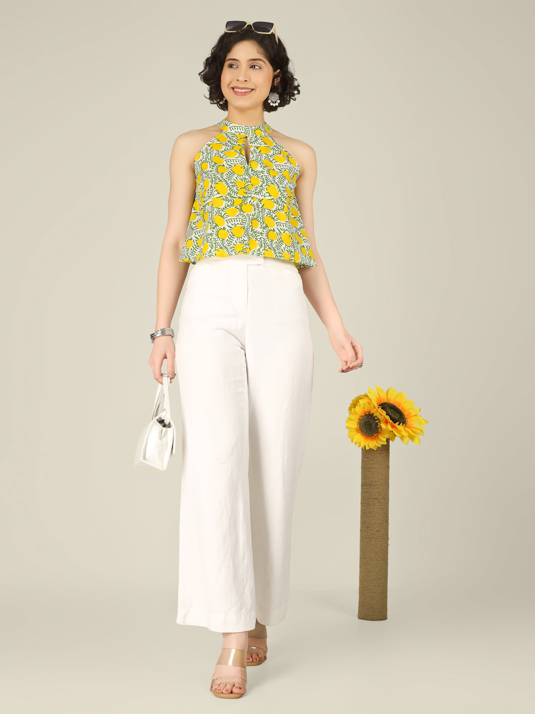 White Printed Halter Neck Sleeveless Cotton Top