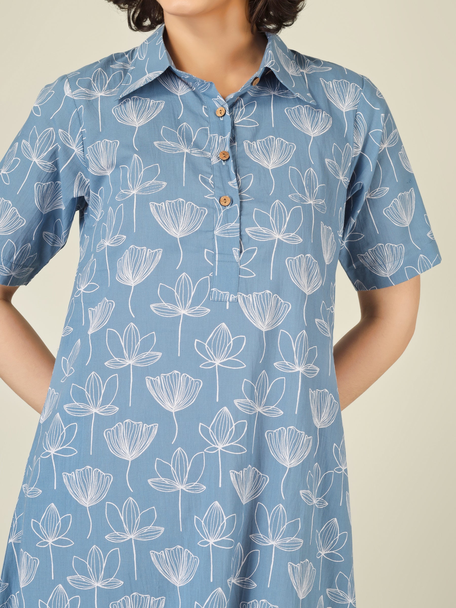 Sky Blue Printed A-Line Cotton Shirt Dress