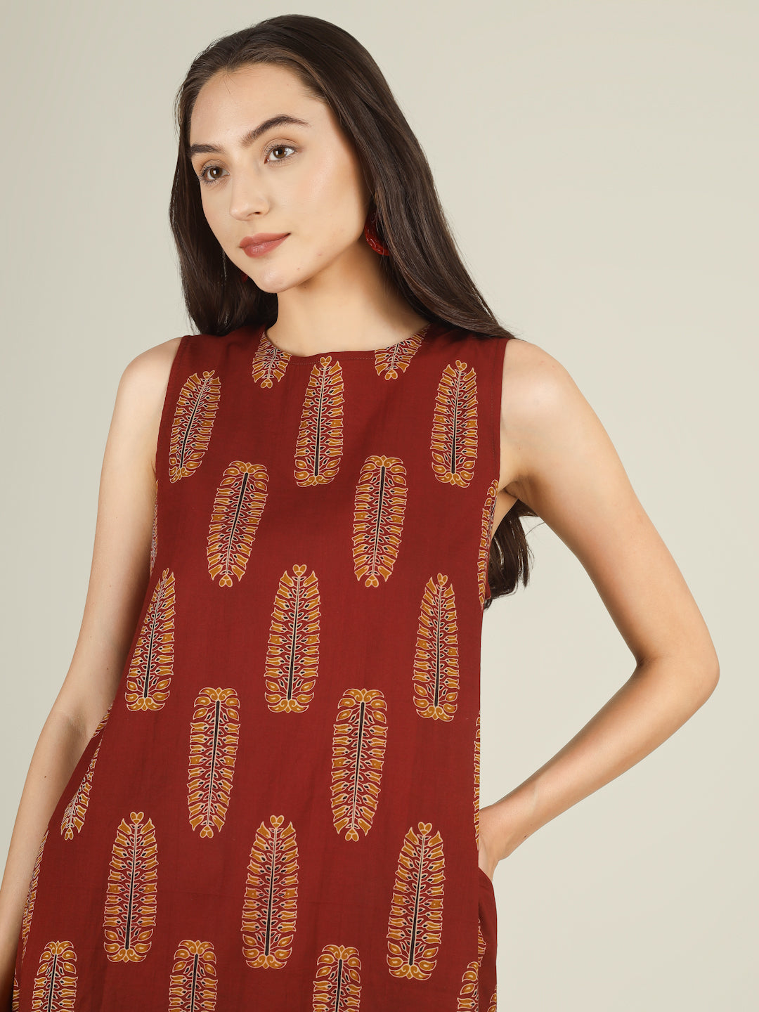 Maroon Printed Sleeveless A-Line Cotton Dress