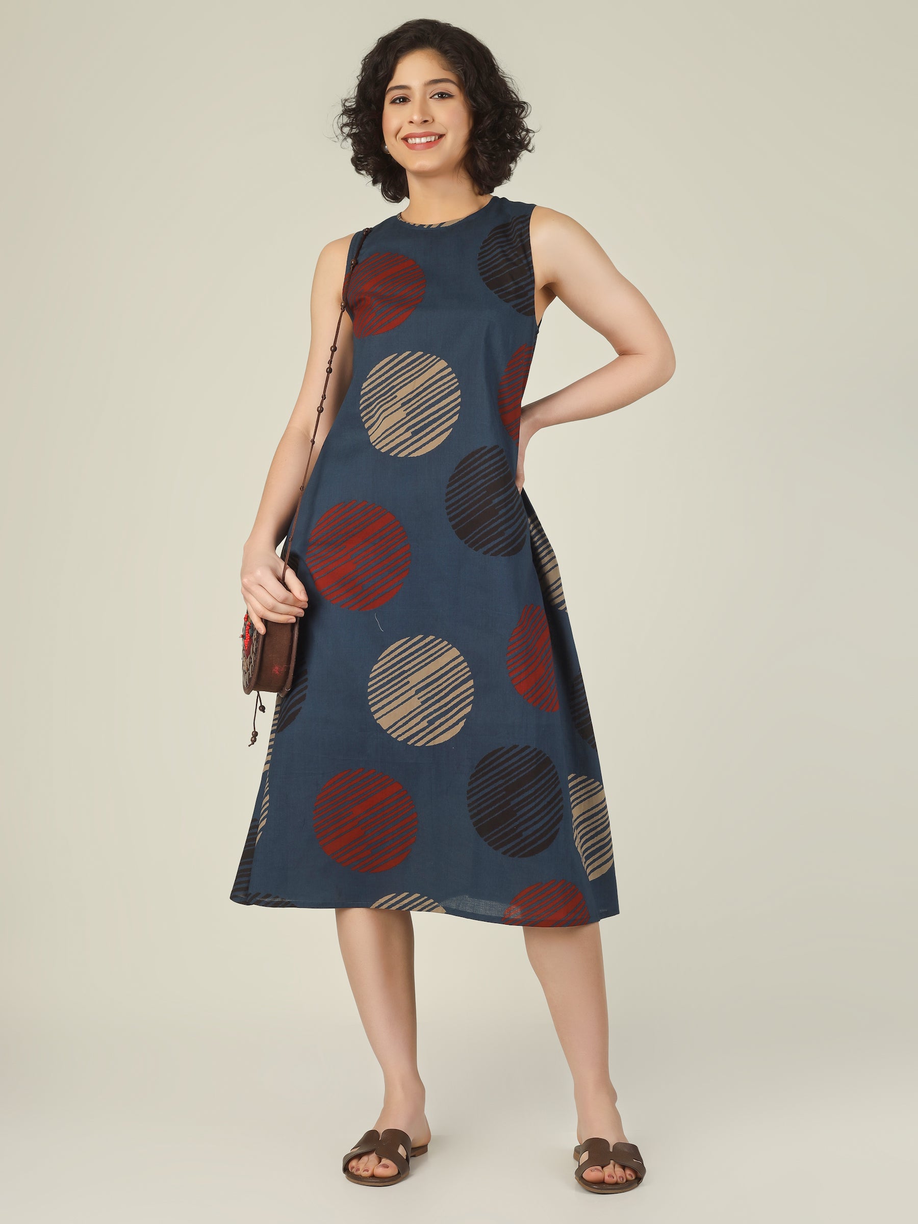 Blue Printed Sleeveless A-Line Cotton Dress