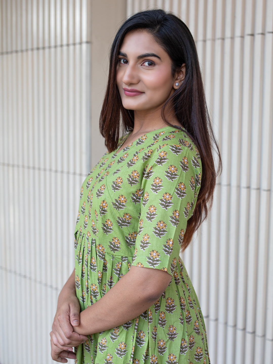 Green Printed Flared Cotton Dress