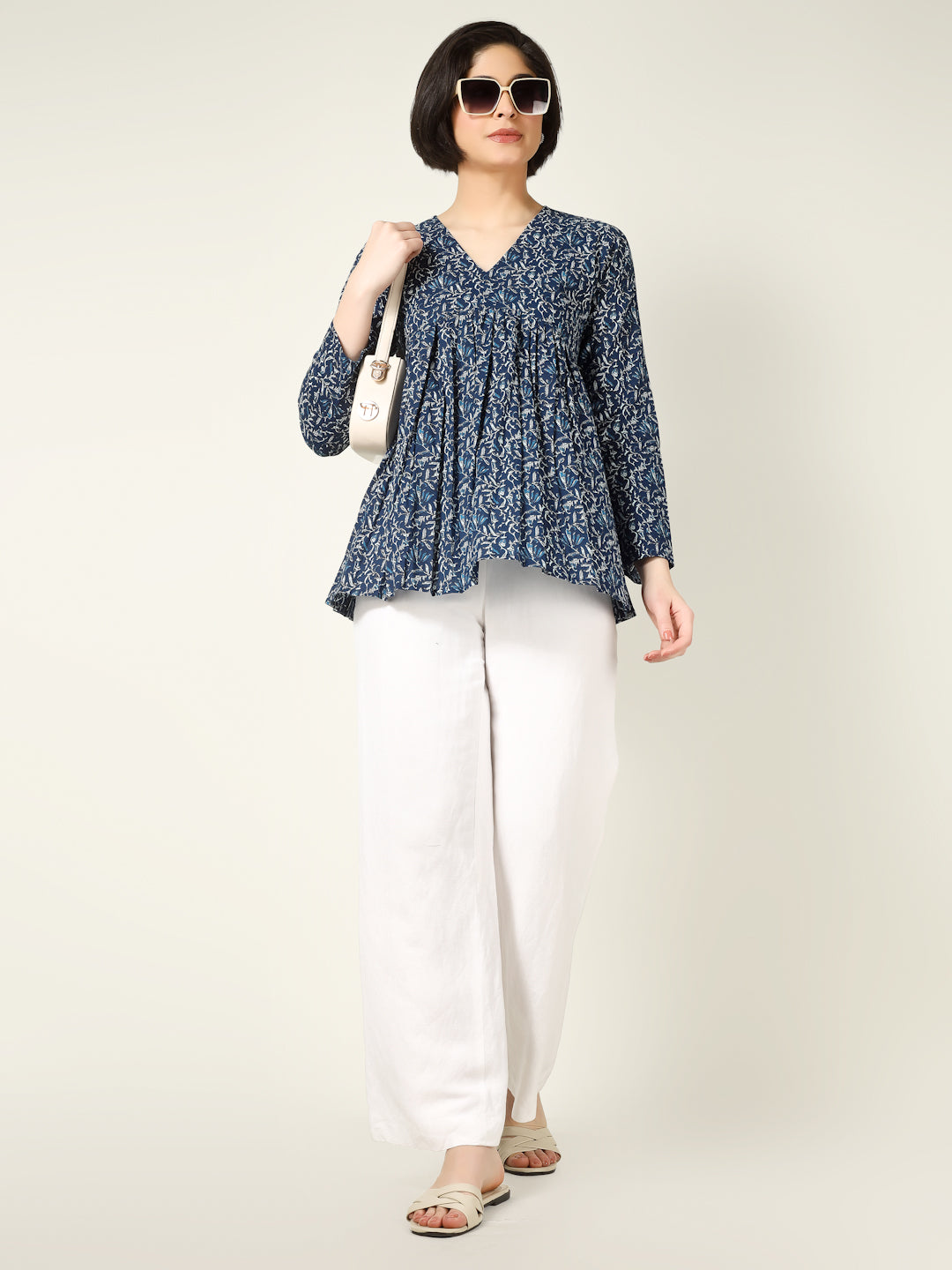 Blue Printed Full-Sleeve Alia-Cut Cotton Top
