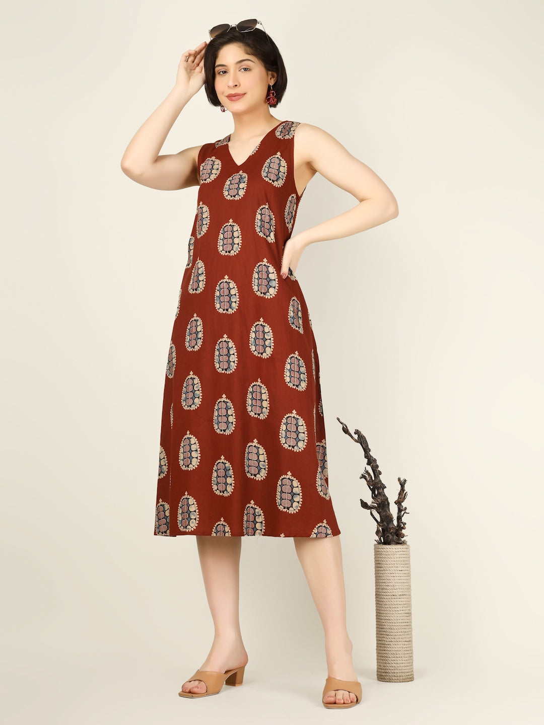 Rust Printed Sleeveless V-Neck A-Line Cotton Dress