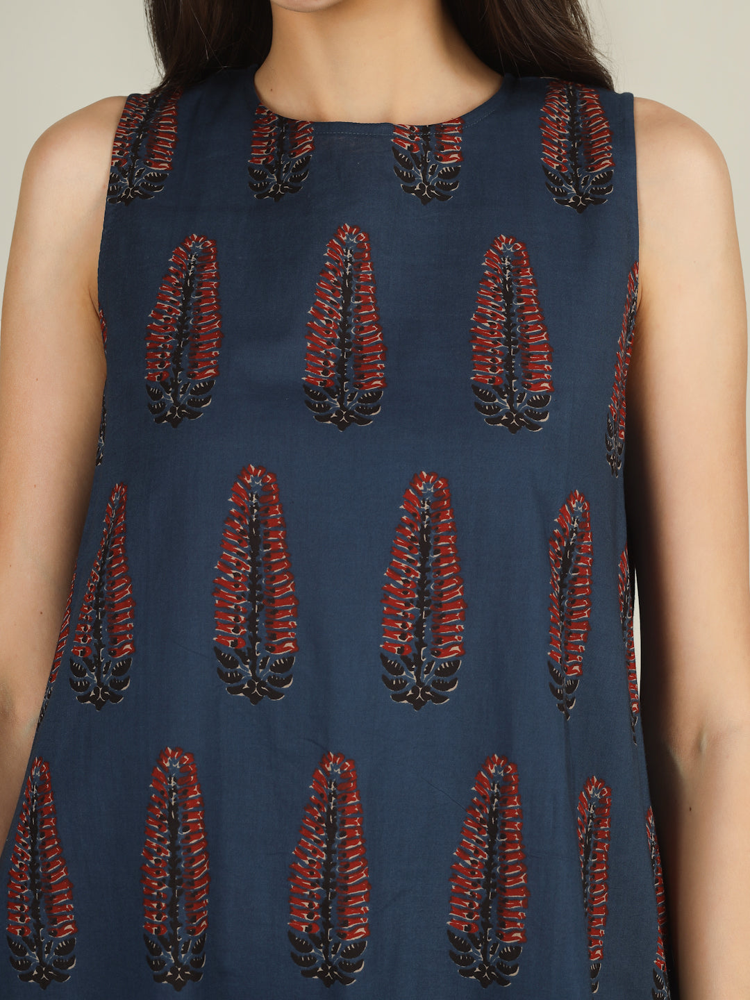 Blue Printed Sleeveless A-Line Cotton Dress
