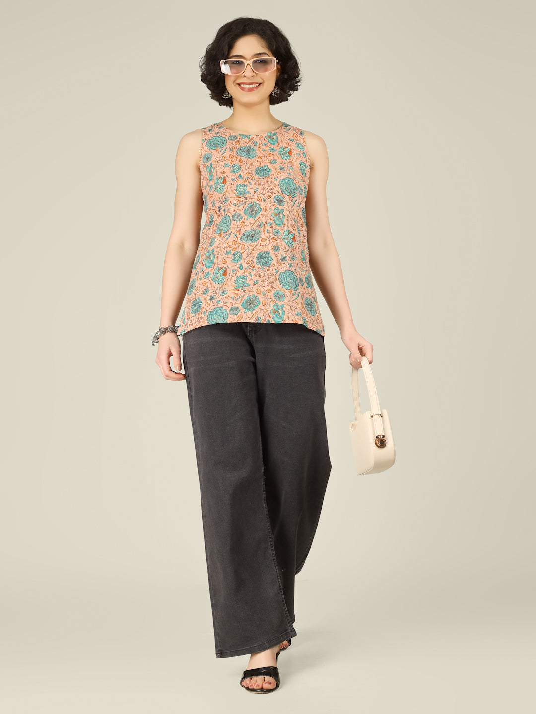 Peach Printed Round Neck Sleeveless Cotton Top