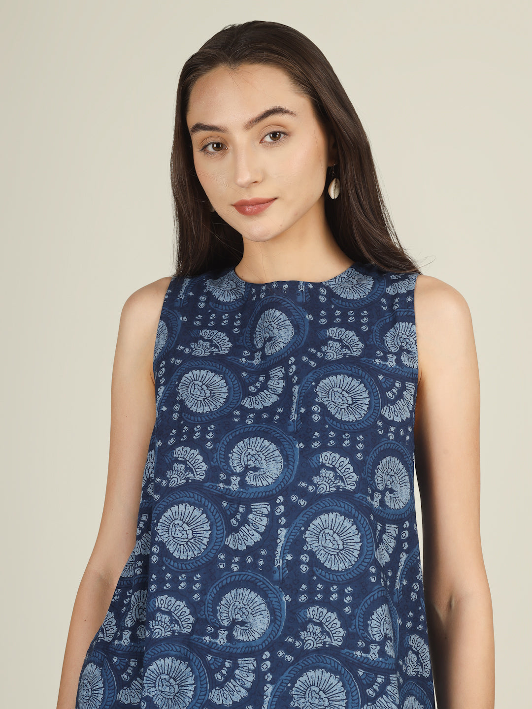 Dark Blue Printed Sleeveless A-Line Cotton Dress