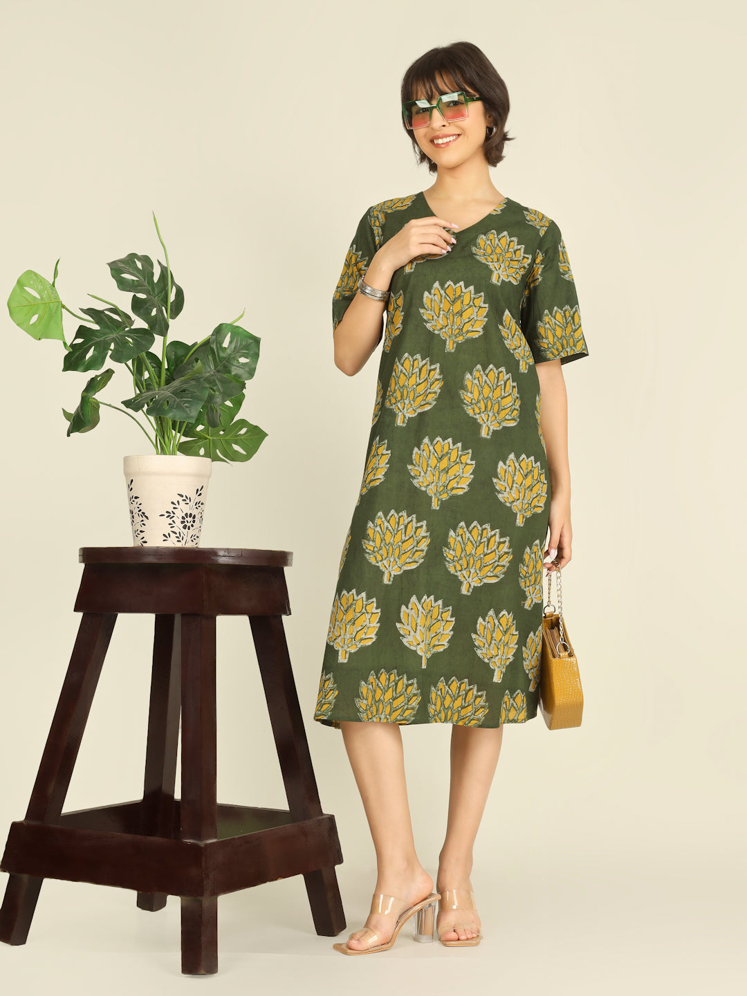 Green Printed Half-Sleeve A-Line Cotton Dress