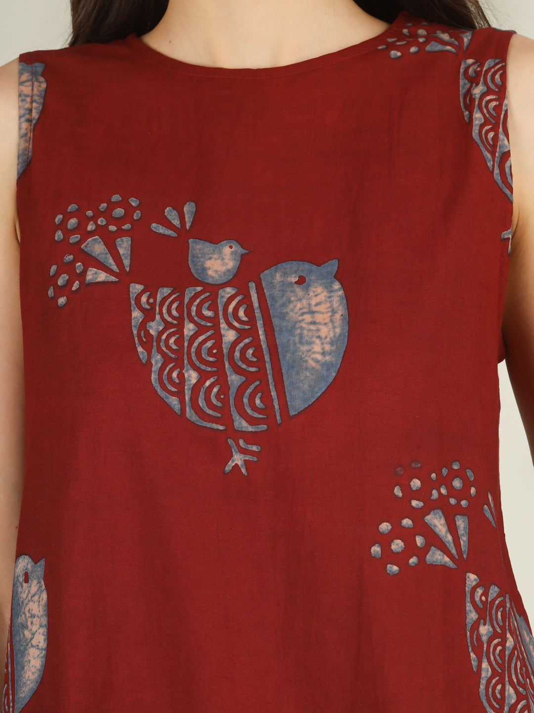 Red Printed Sleeveless A-Line Cotton Dress