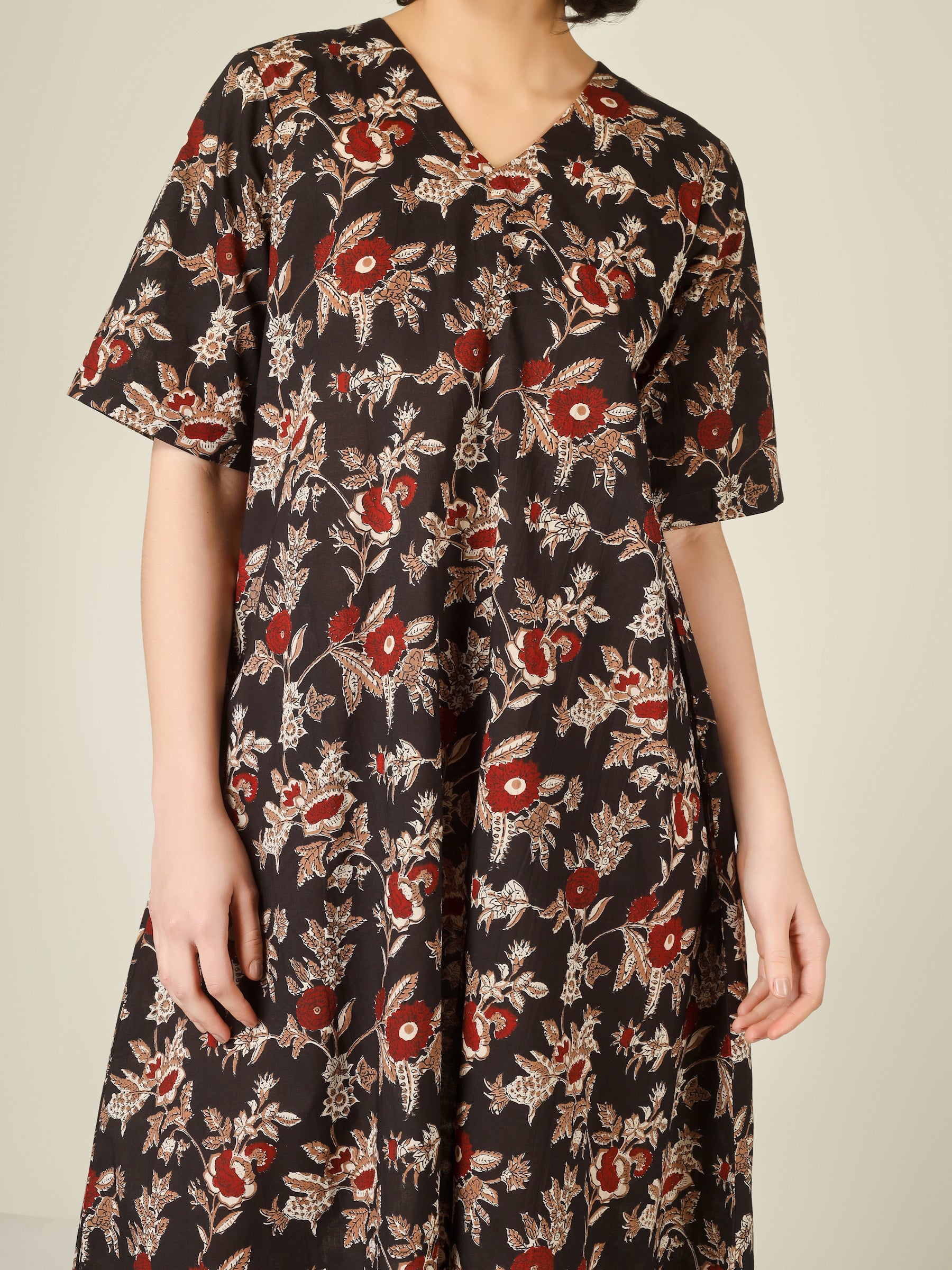 Black Printed Half-Sleeve A-Line Cotton Dress