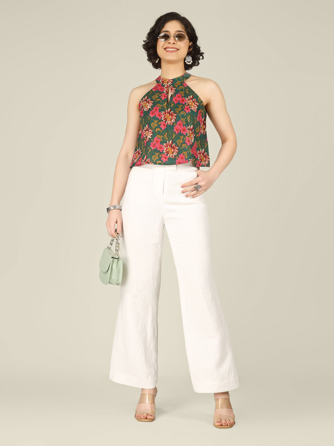 Dark Green Printed Halter Neck Sleeveless Cotton Top