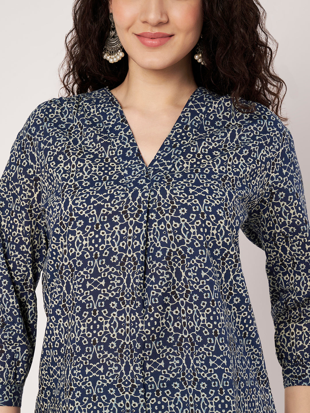 Blue Printed V-Neck Cotton Top