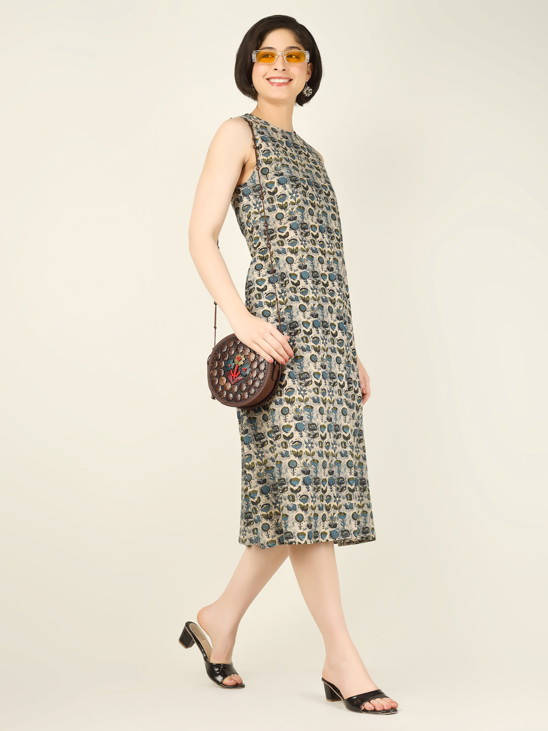 Green Printed Sleeveless A-Line Cotton Dress