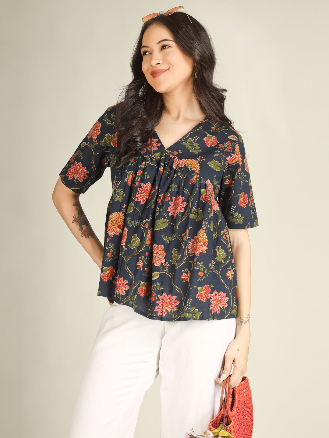 Navy Blue Printed Half-Sleeve Alia-Cut Cotton Top