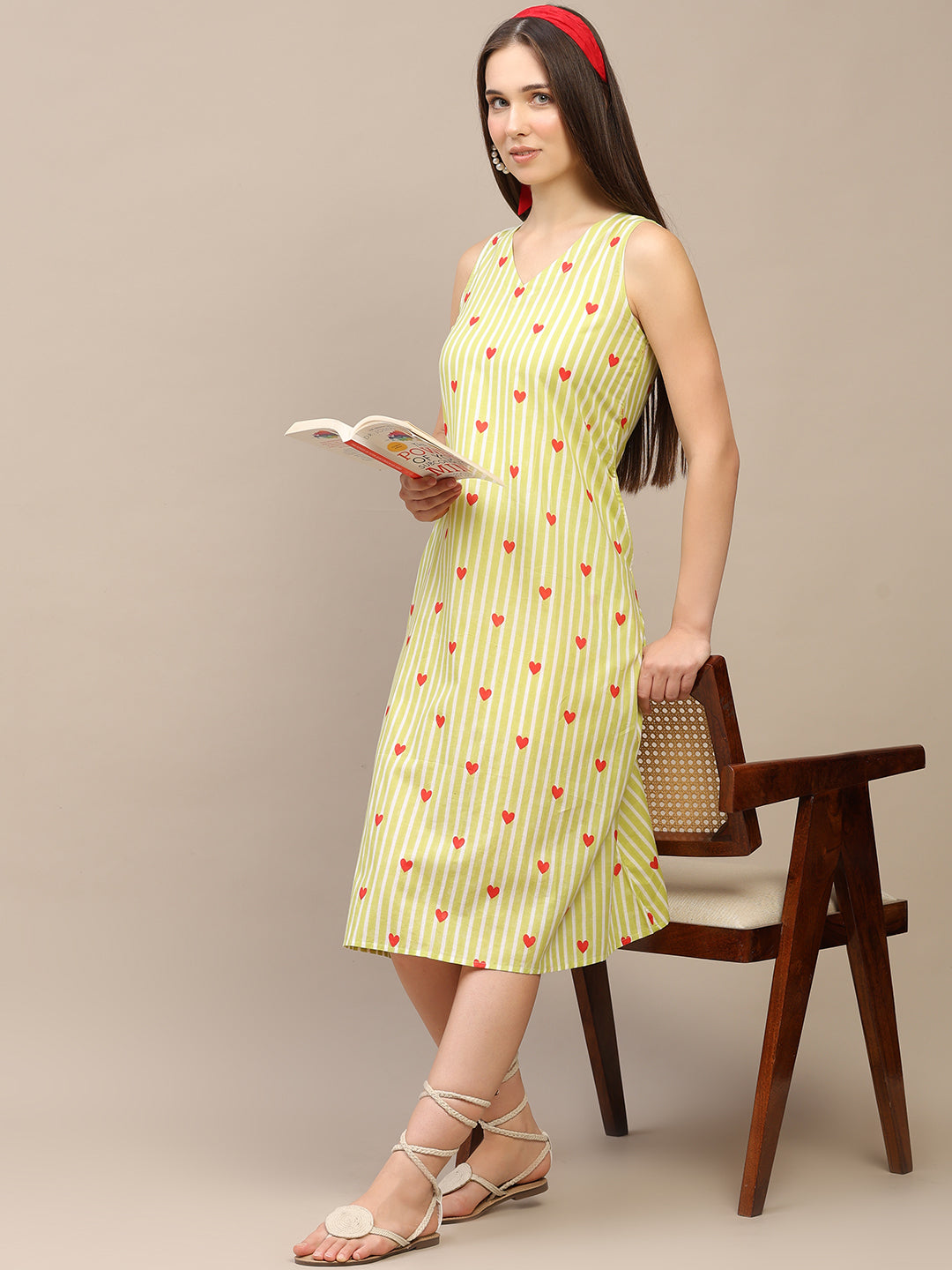 Light Green Striped V-Neck Sleeveless A-Line Cotton Dress