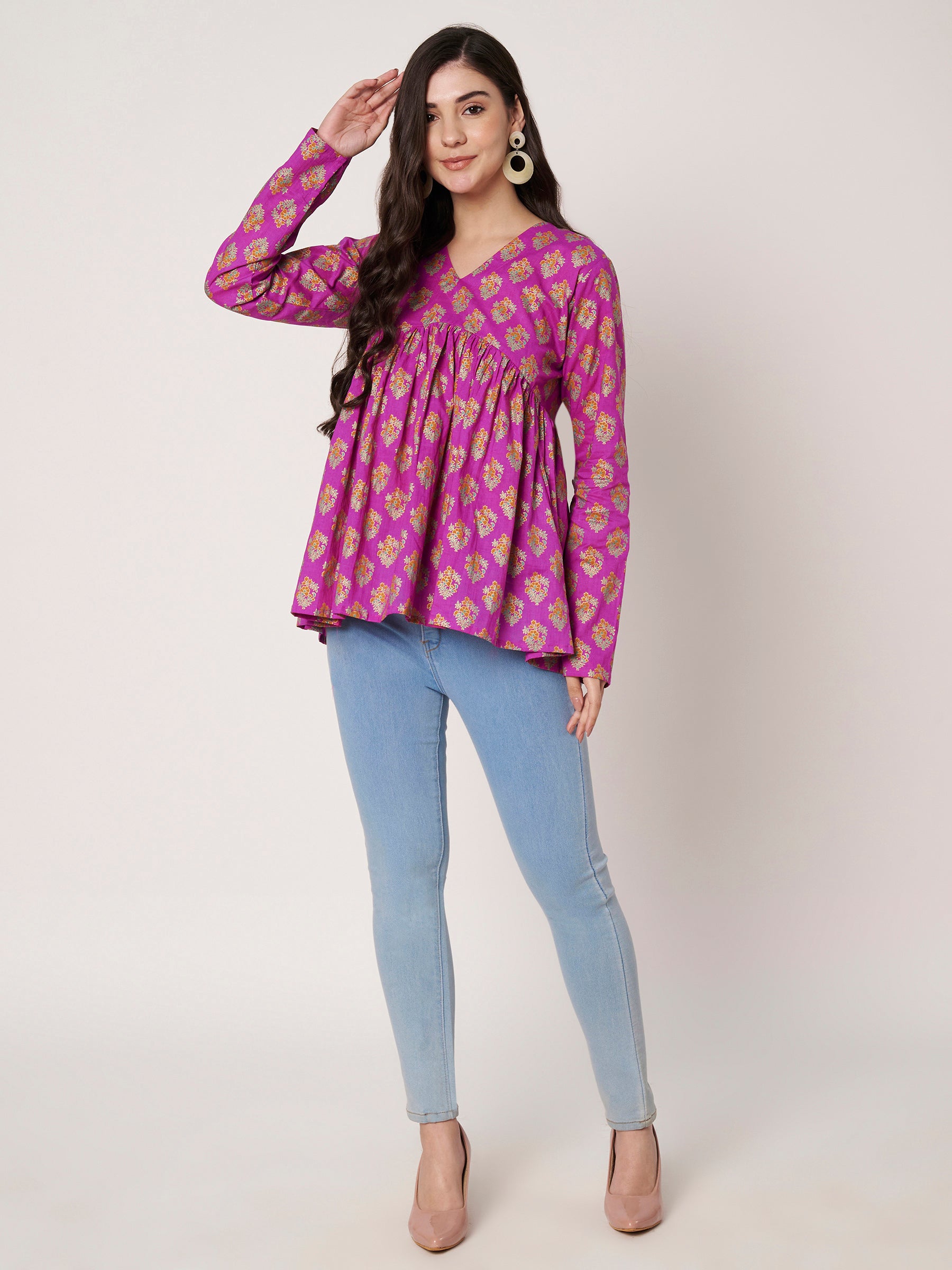 Pink Printed Alia-Cut Cotton Top