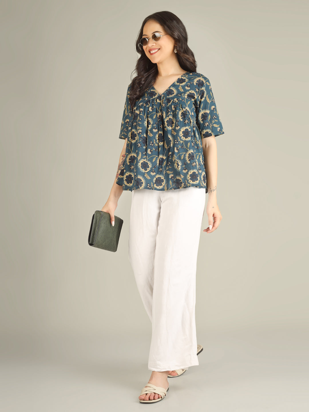 Teal Blue Printed Half-Sleeve Alia-Cut Cotton Top