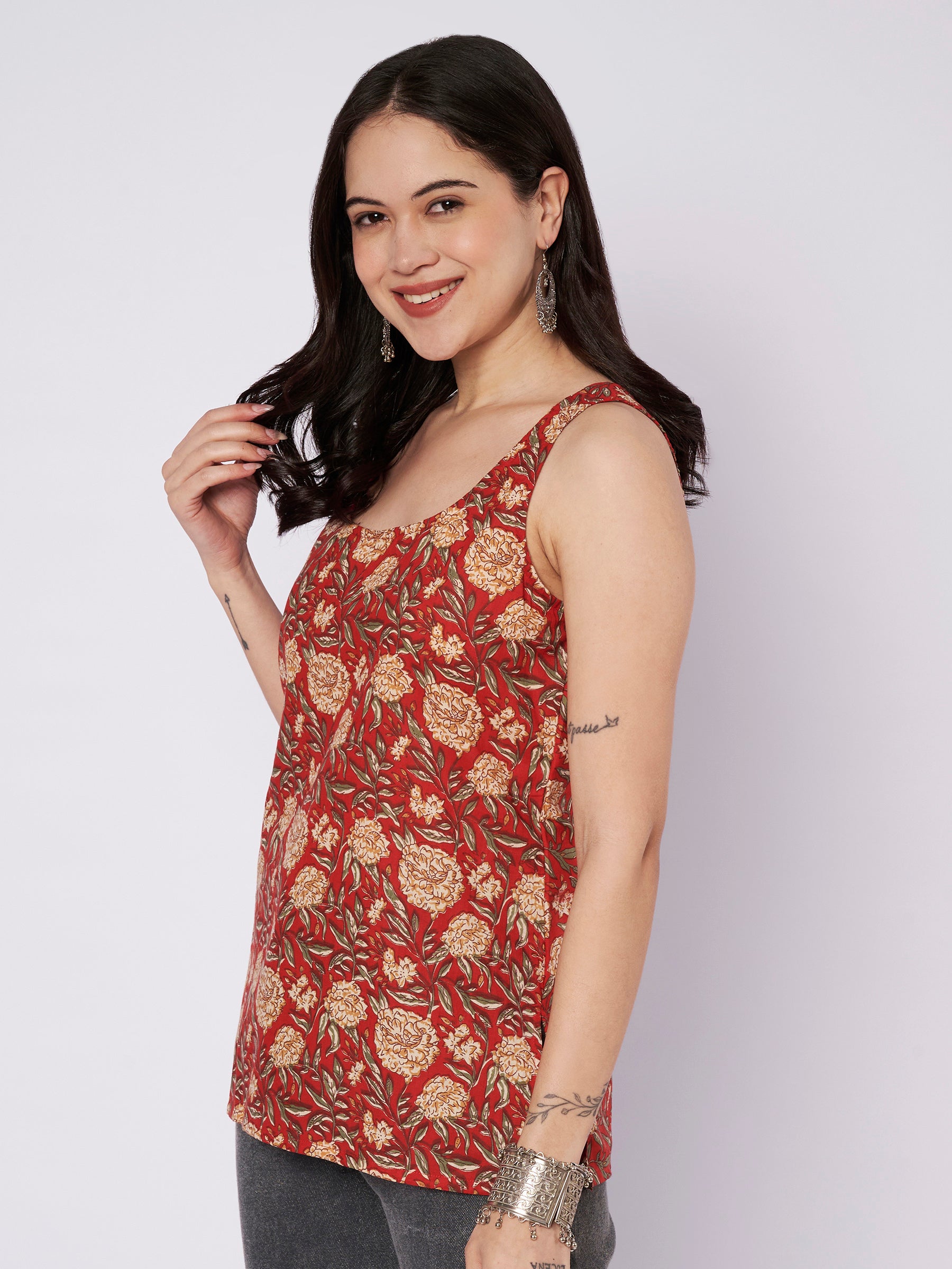 Maroon Printed Sleeveless Cotton Top