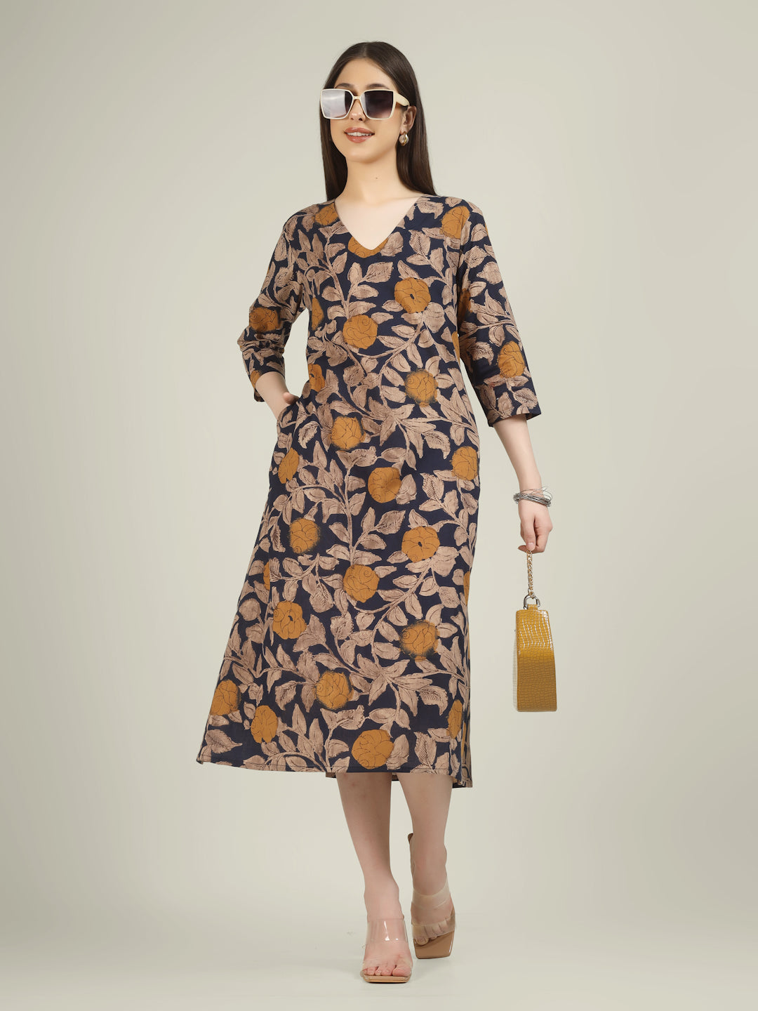 Blue Printed 3/4th Sleeve A-Line Cotton Dress