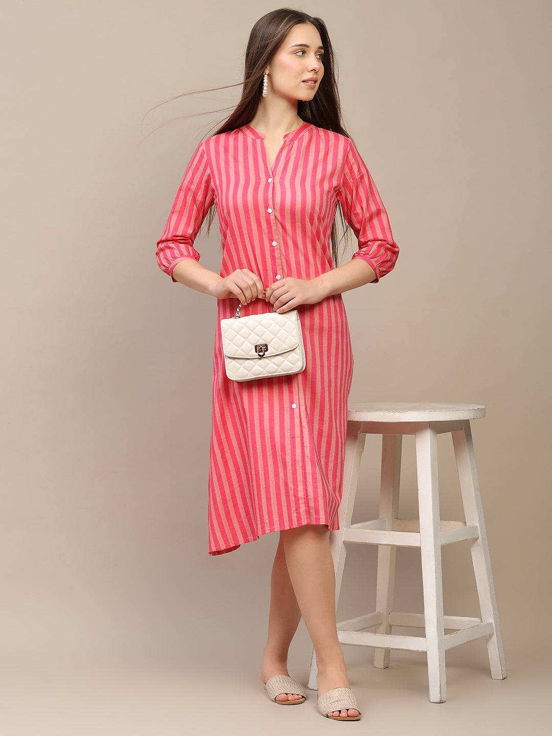 Pink Striped A-Line Cotton Dress