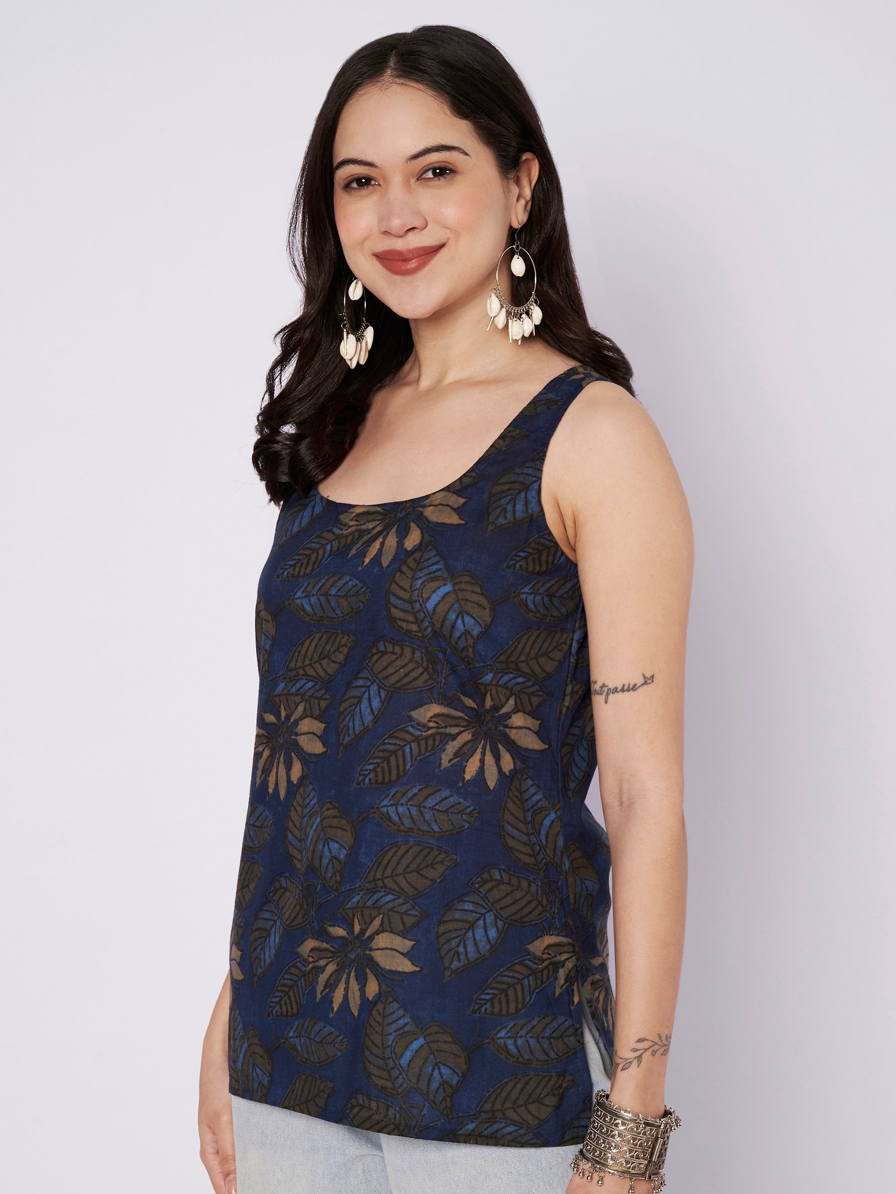 Dark Blue Printed Sleeveless Cotton Top