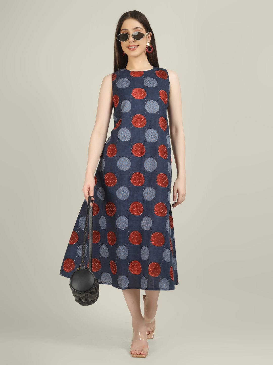 Blue Printed Sleeveless A-Line Cotton Dress