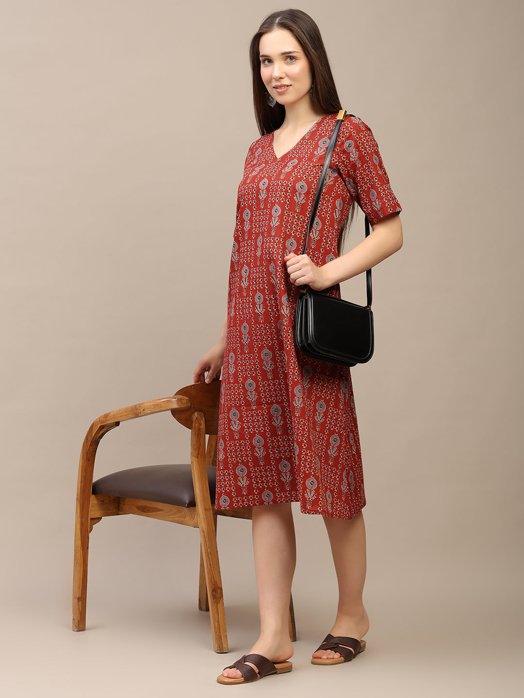 Red Printed Half-Sleeve A-Line Cotton Dress