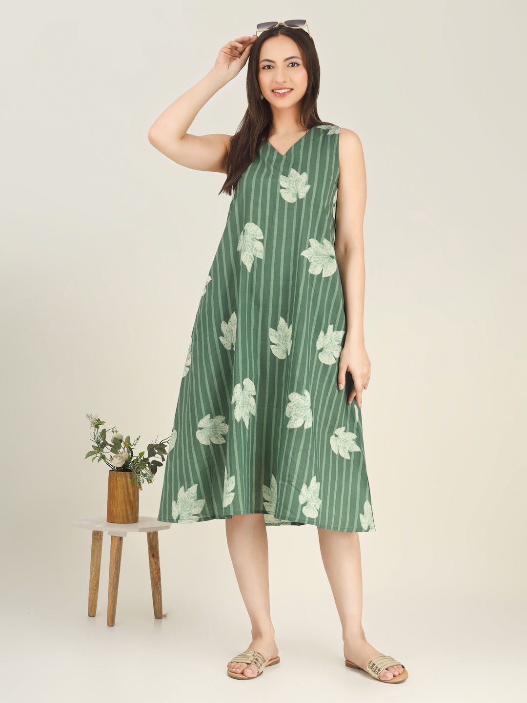 Green Printed Sleeveless V-Neck A-Line Cotton Dress