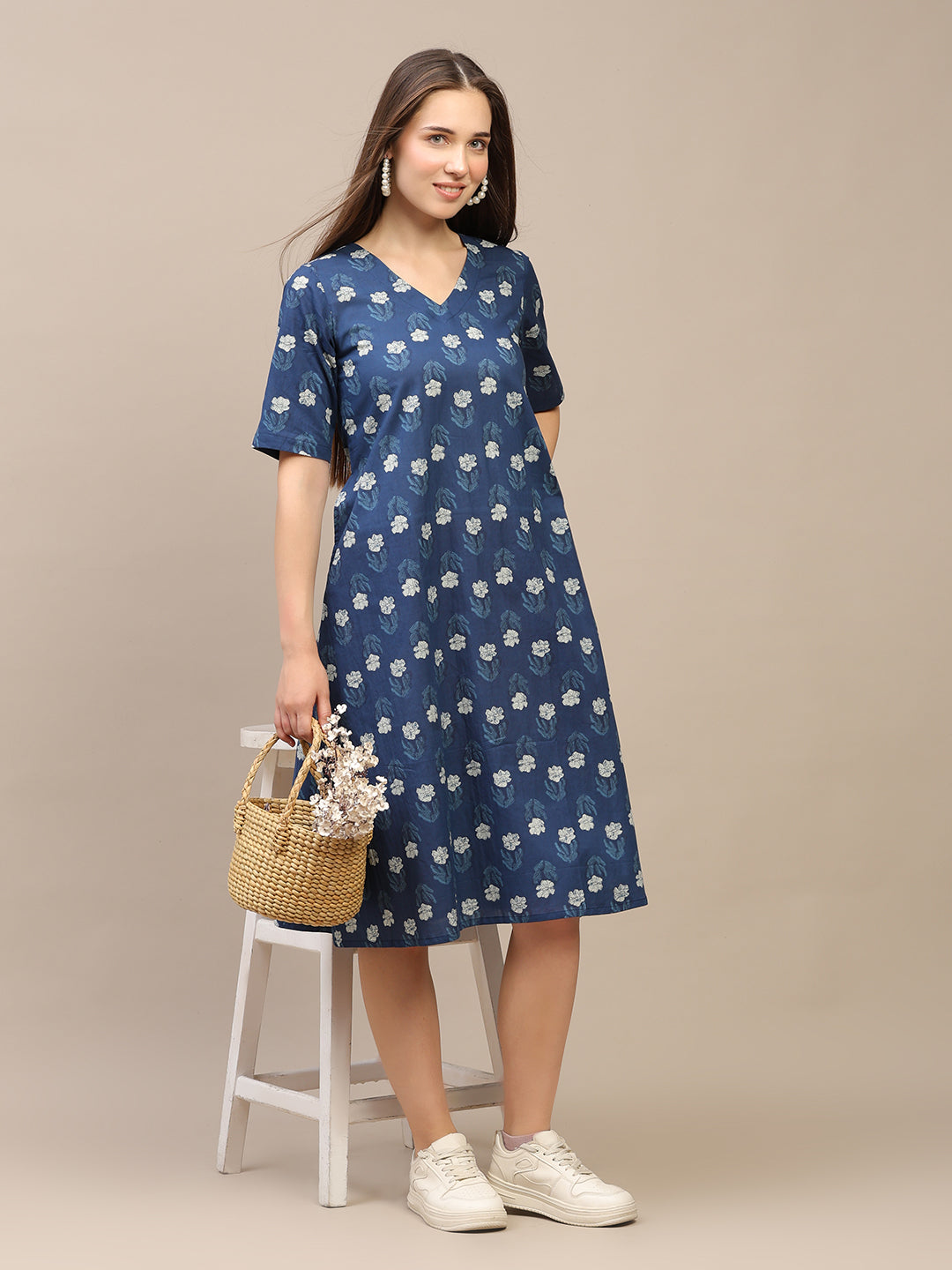 Blue Printed Half-Sleeve A-Line Cotton Dress