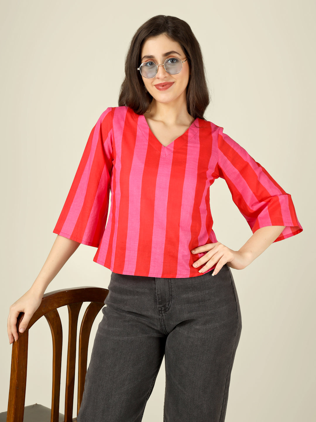 Pink and Red Striped Straight Bell-Sleeves Top