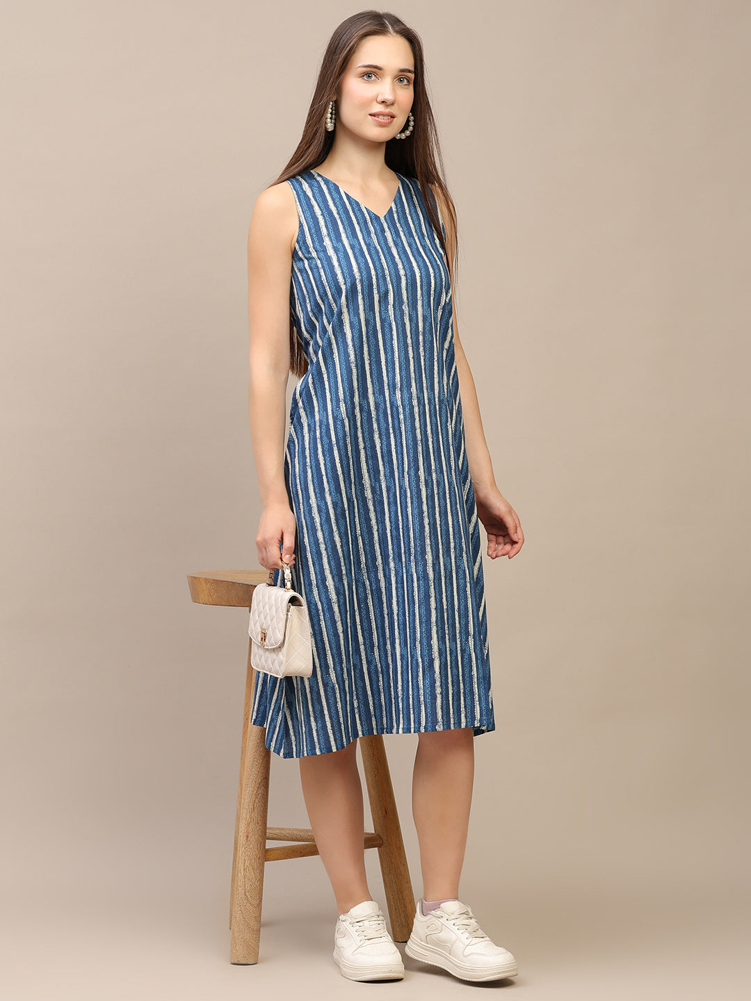 Blue Printed V-Neck Sleeveless A-Line Cotton Dress