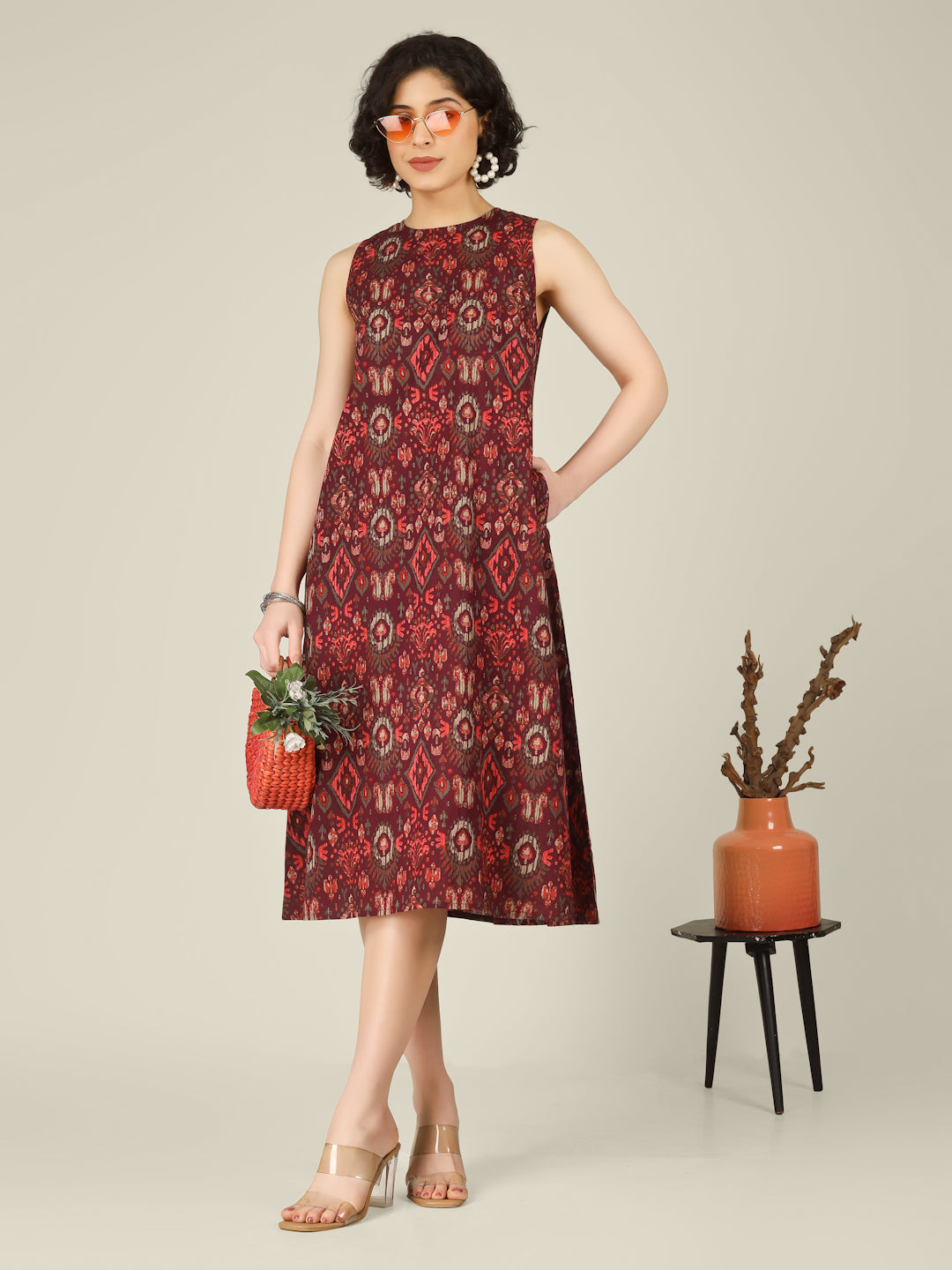 Wine Printed Sleeveless A-Line Cotton Dress
