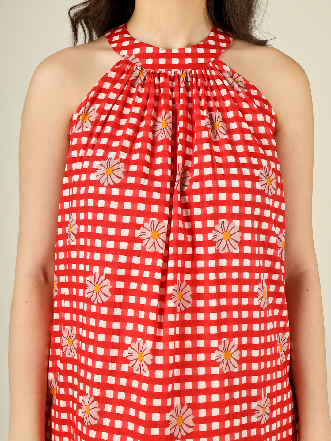 Red Checked Halter Neck Long Sleeveless Cotton Dress