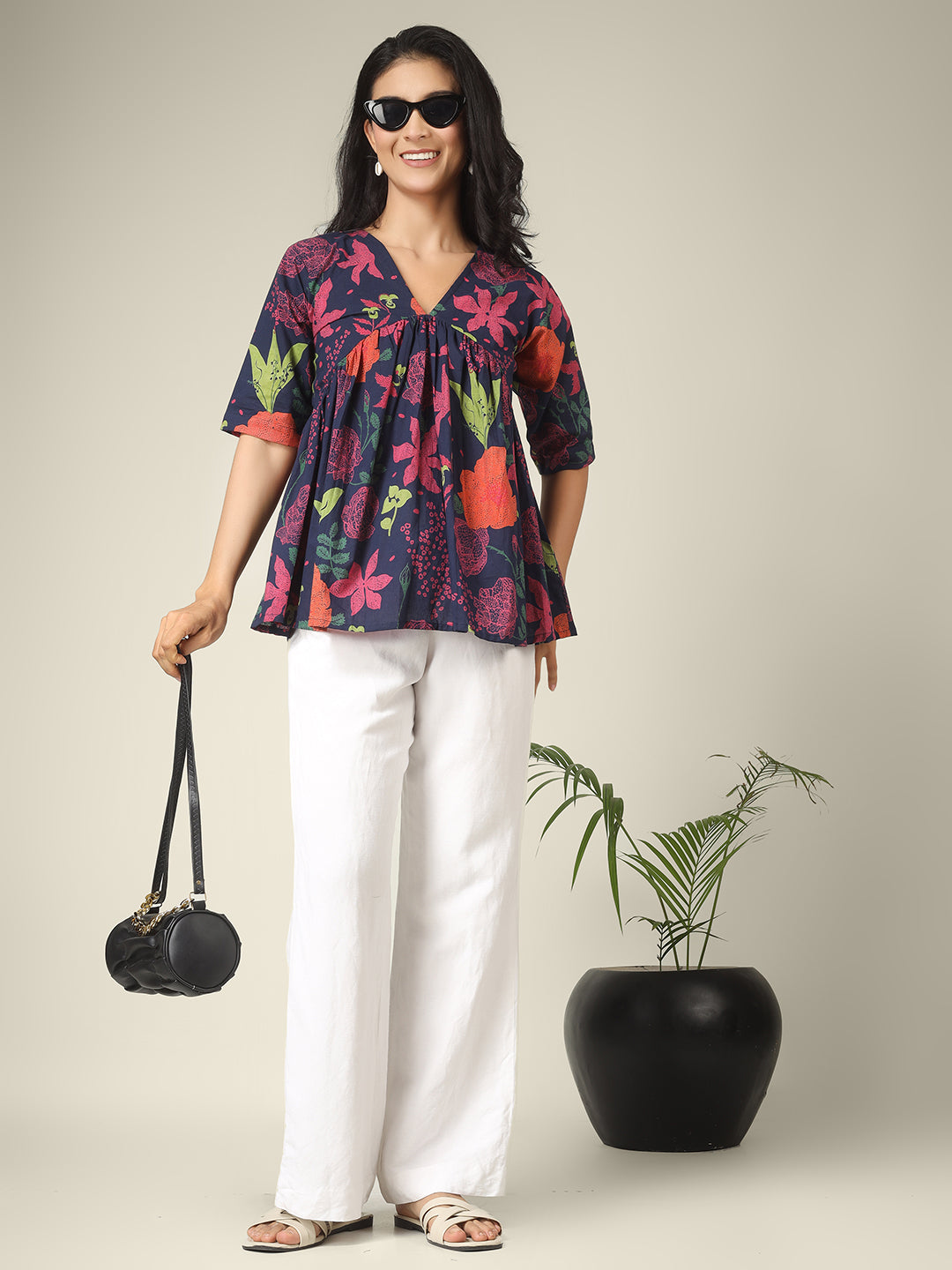 Navy Blue Printed Half-Sleeve Alia-Cut Cotton Peplum Top