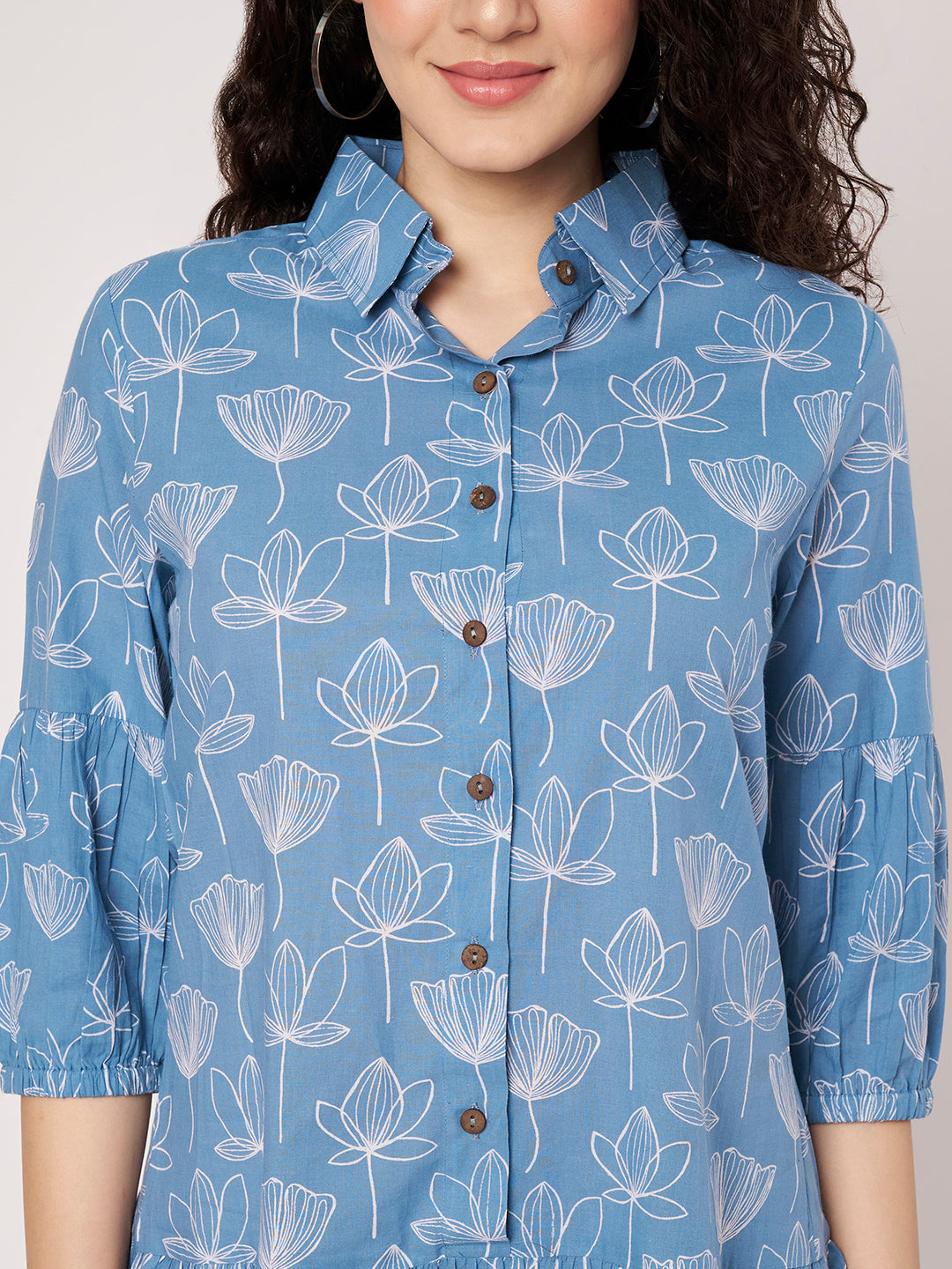 Sky Blue Printed Short Cotton Dress
