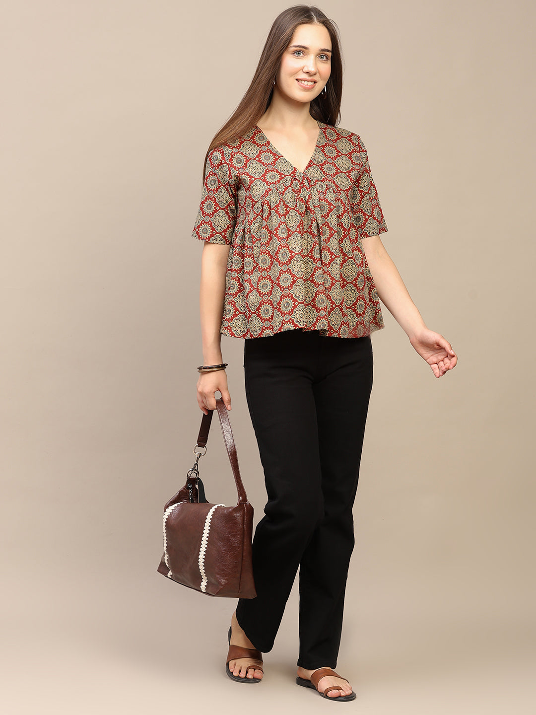 Maroon Printed Half-Sleeve Alia-Cut Cotton Top