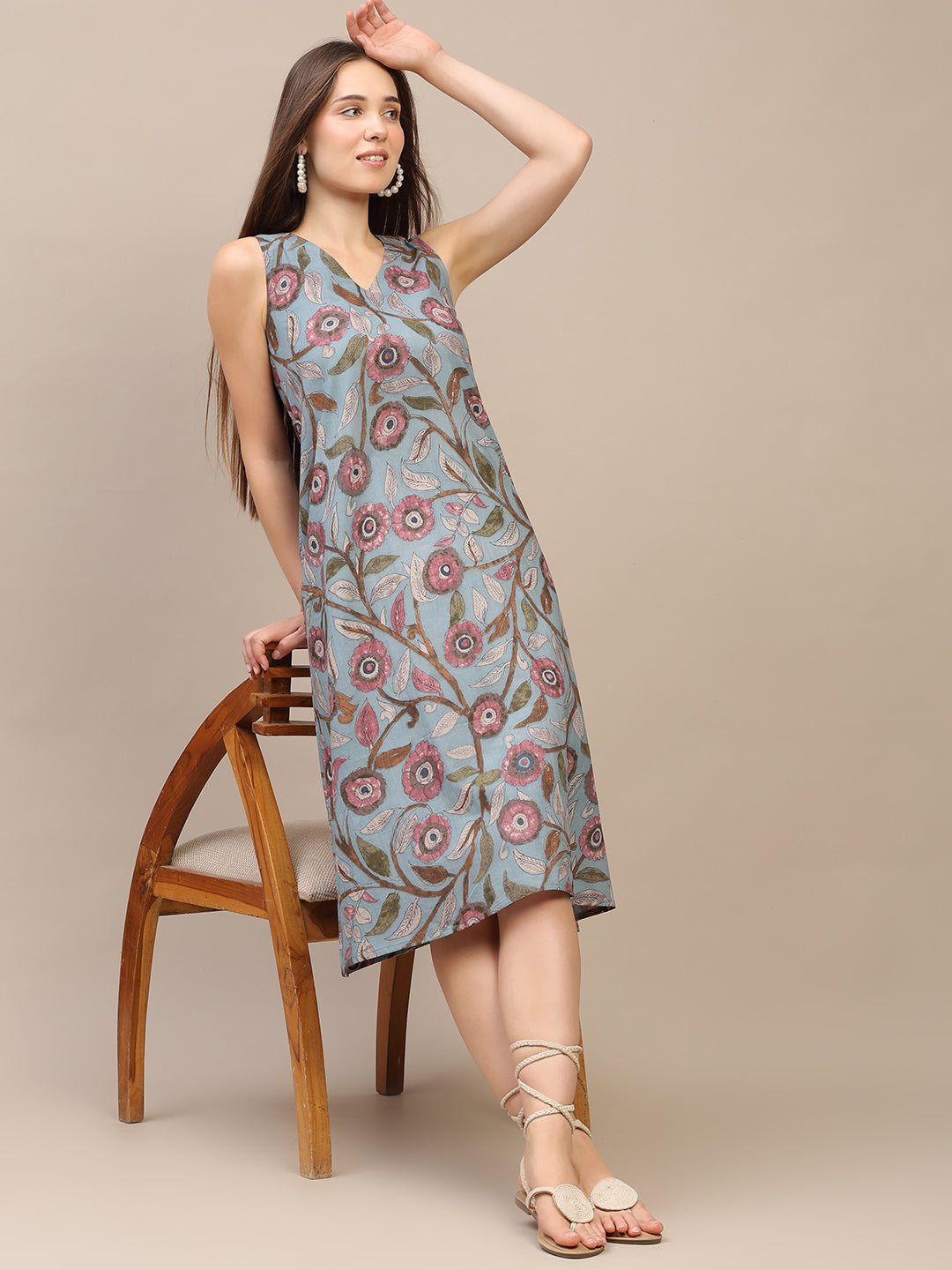 Slate Blue Printed V-Neck Sleeveless A-Line Cotton Dress