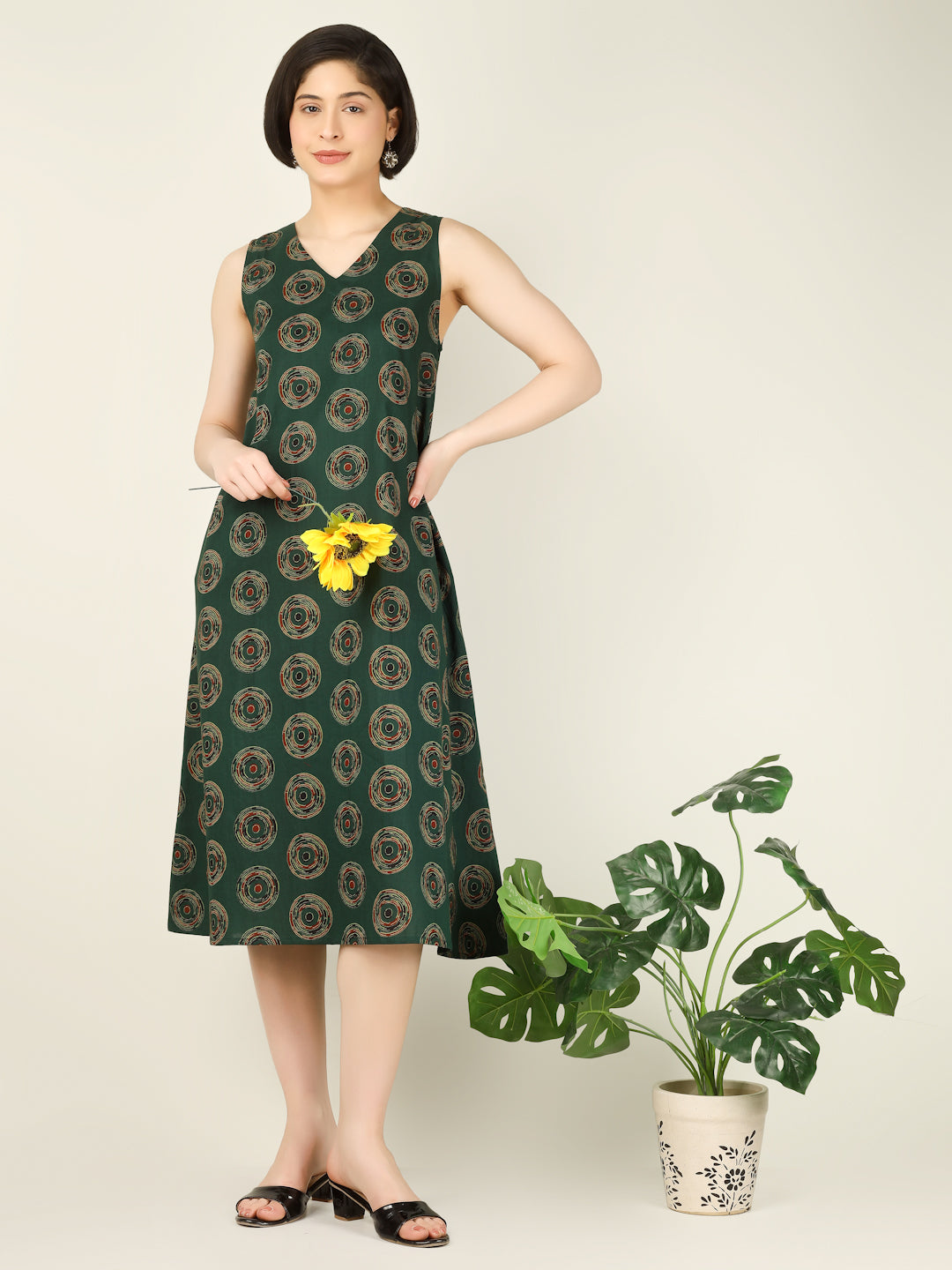 Dark Green Printed Sleeveless V-Neck A-Line Cotton Dress