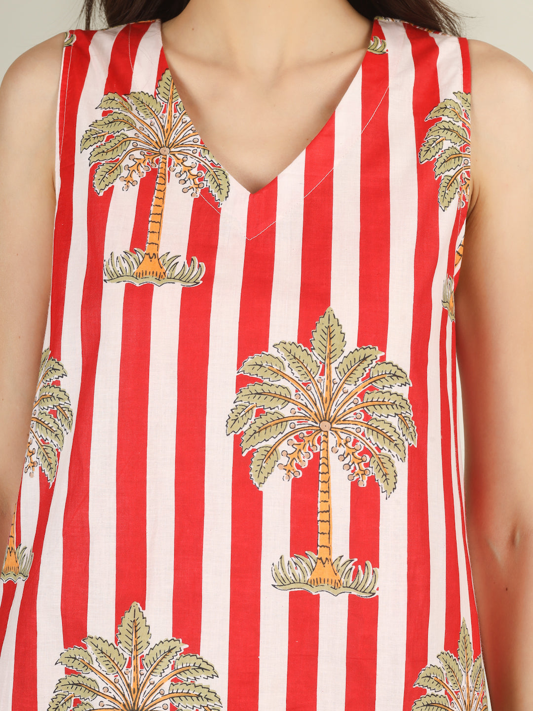 Red Striped V-Neck Sleeveless A-Line Cotton Dress